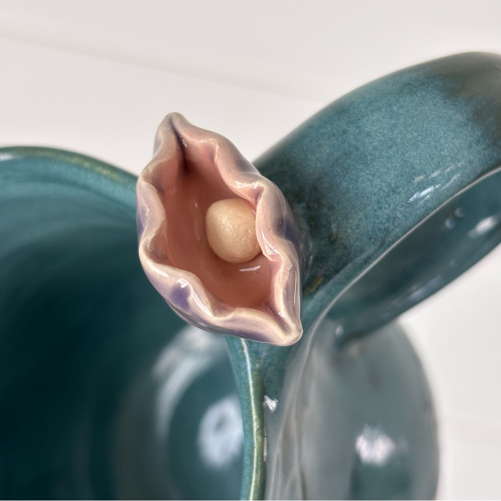 Handmade Teal Ocean Waves Ceramic Mug with Oyster and pearl Accent On Handle - Picture 10 of 11